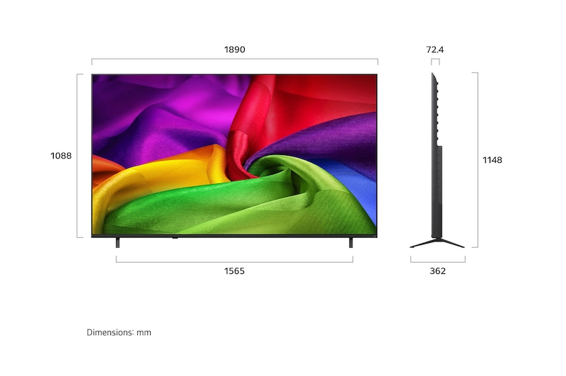 LG NANO 4K UHD AI nu70 shown in front and side views highlights a 50-inch display with a 1112 mm-wide screen, 649 mm screen height, 711 mm height with stand, a 70.8 mm profile depth, and a stand footprint measuring 902 by 230 mm.